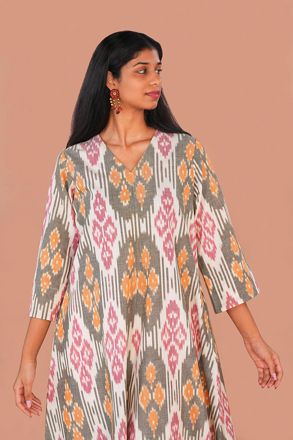 Image of Ivory Pochampally Cotton Ikat Long Kurta
