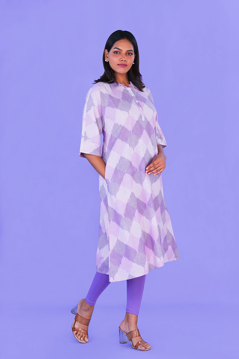 Image of Lilac Pochampally Cotton Ikat Long Kurta