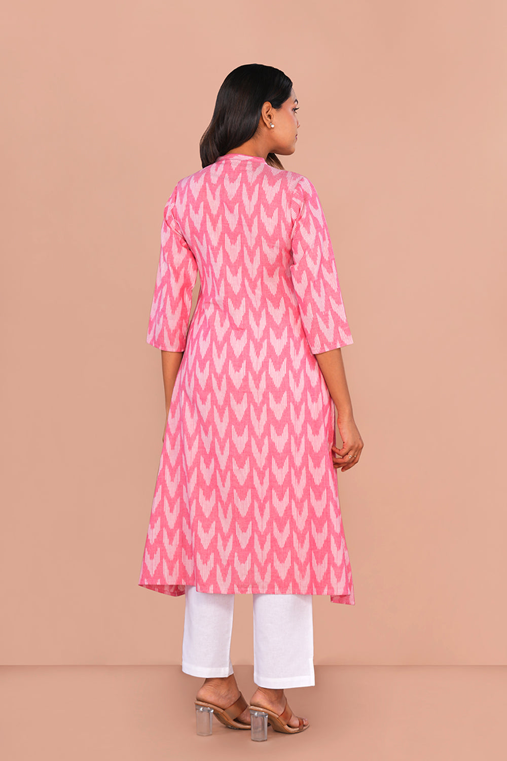Image of Powder pink Pochampally Cotton Ikat Long Kurta