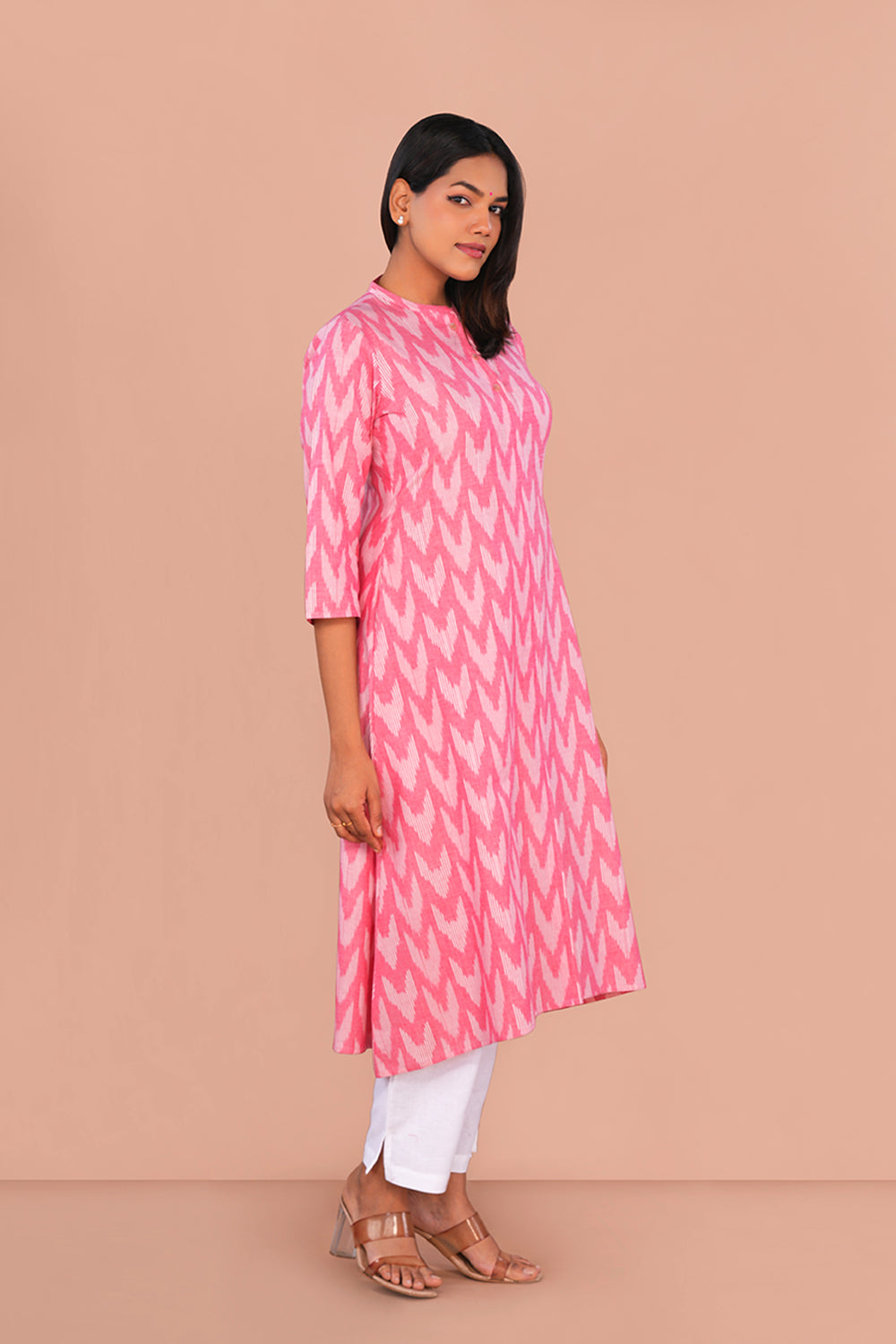 Image of Powder pink Pochampally Cotton Ikat Long Kurta