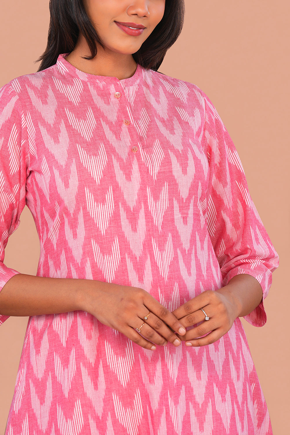 Image of Powder pink Pochampally Cotton Ikat Long Kurta