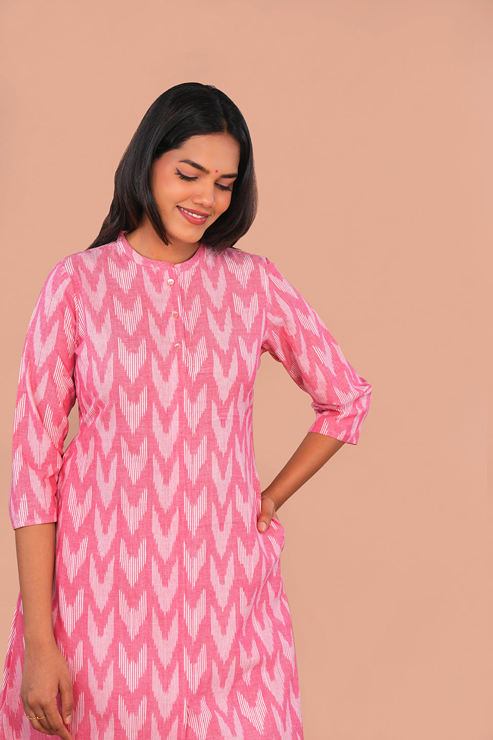 Image of Powder pink Pochampally Cotton Ikat Long Kurta