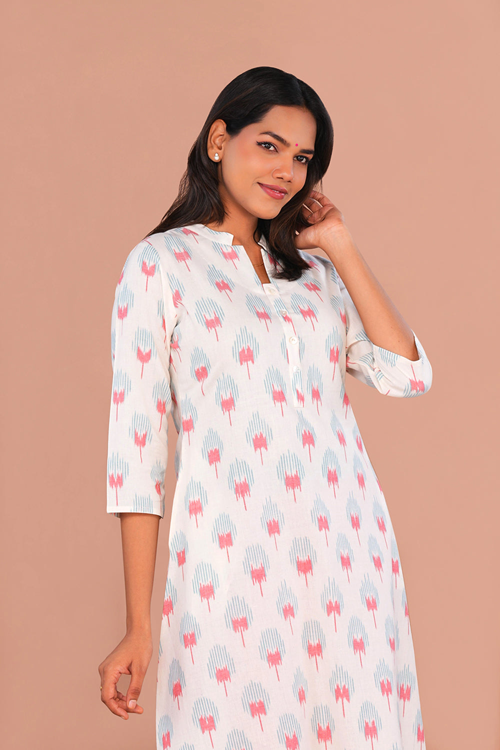 Image of White Floral Pochampally Ikat Kurti