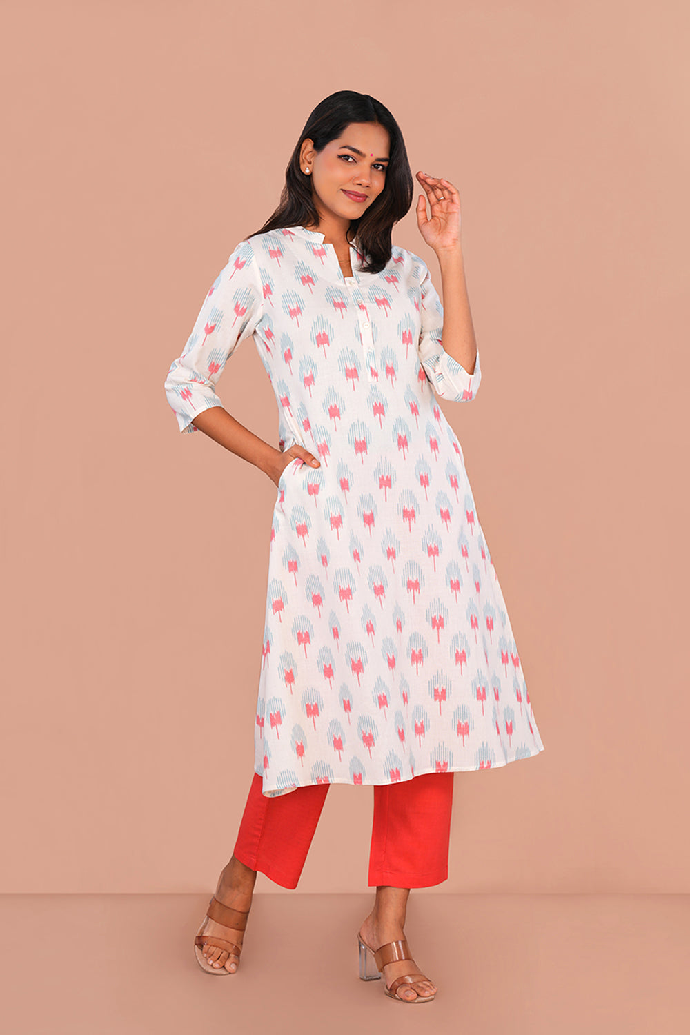Image of White Floral Pochampally Ikat Kurti