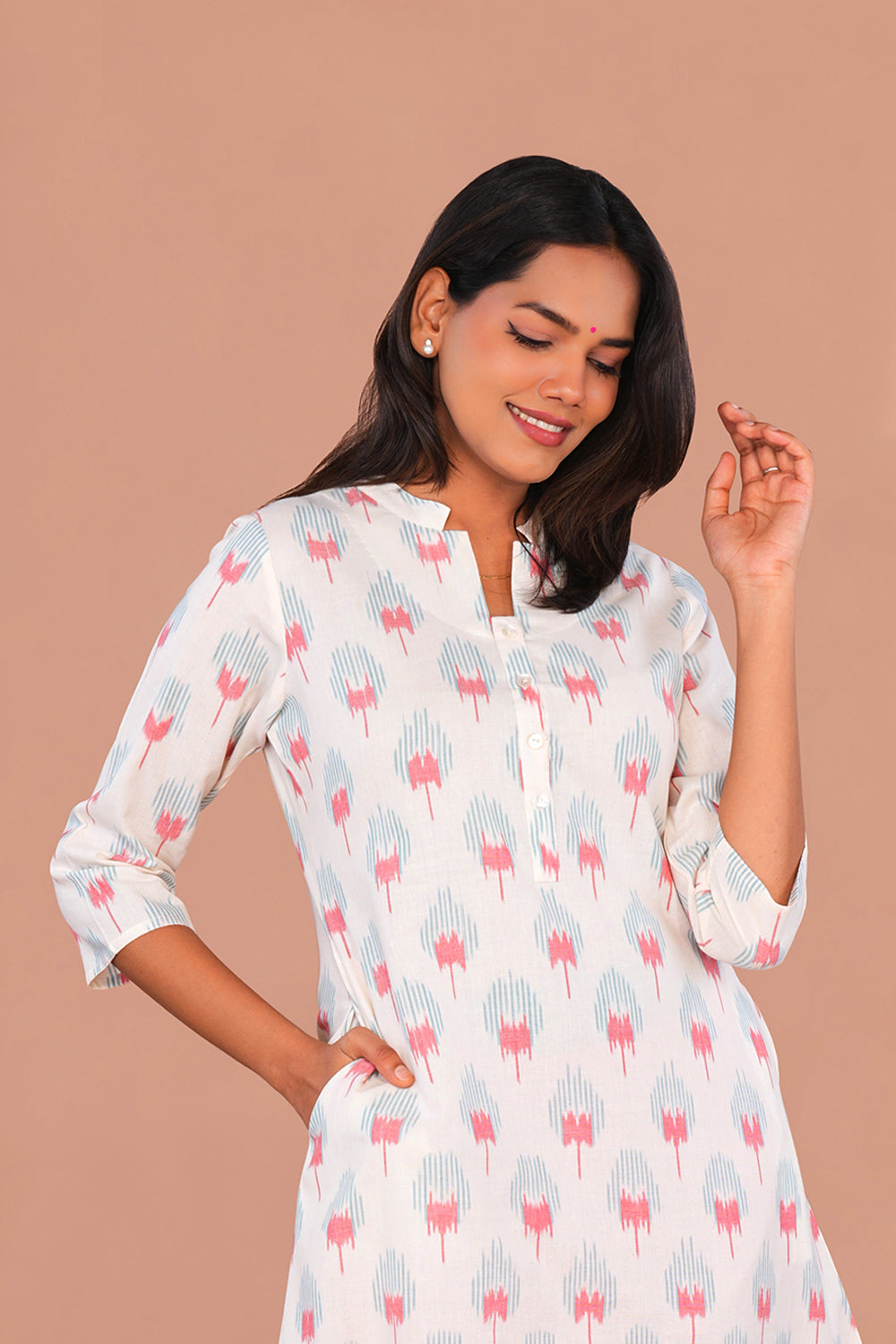Image of White Floral Pochampally Ikat Kurti