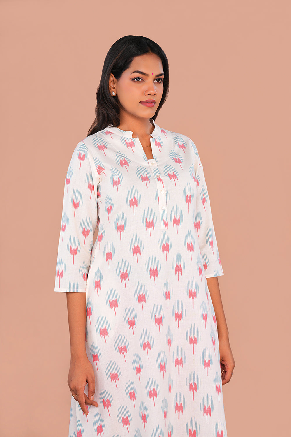 Image of White Floral Pochampally Ikat Kurti