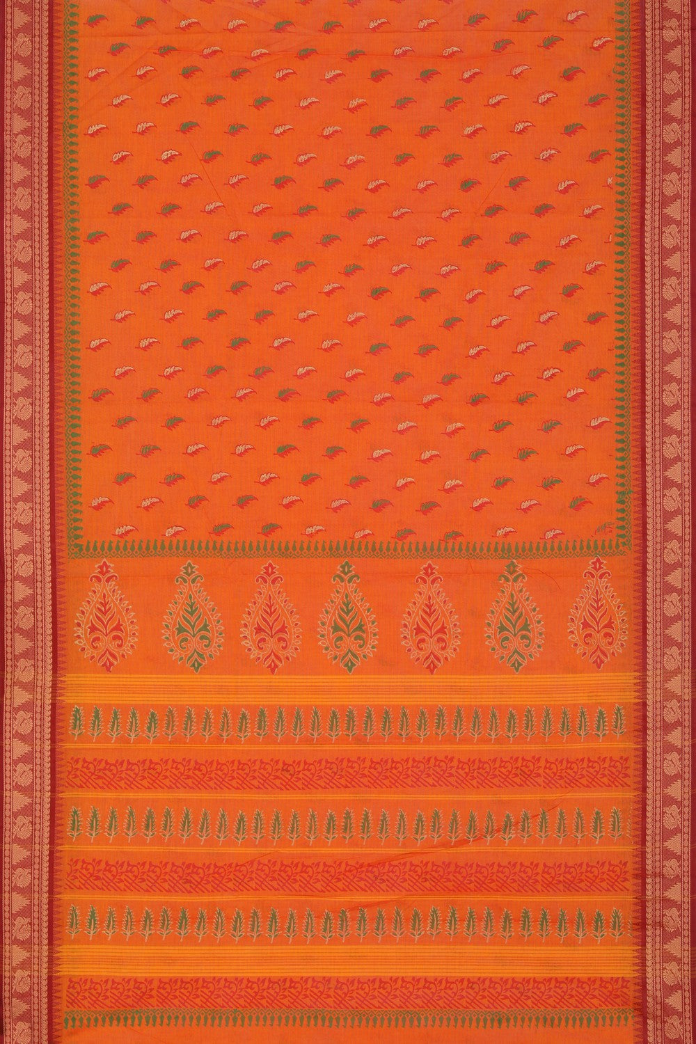 Bright orange buta handblock printed saree.