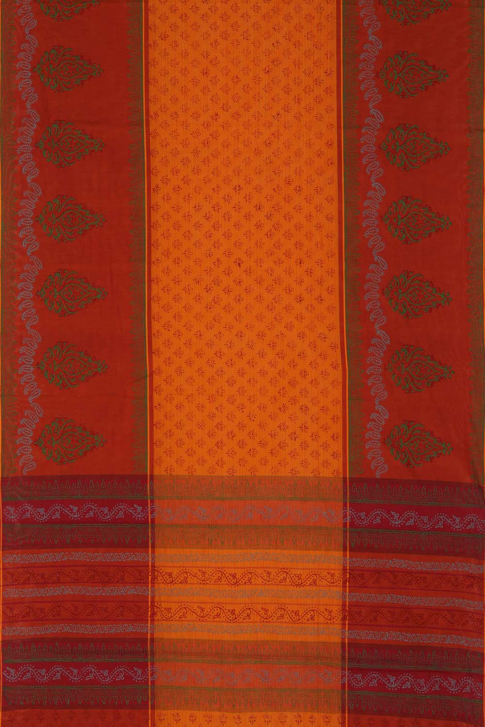 Orangish red  hand block printed south cotton saree.
