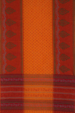 Image of Orangish red  hand block printed south cotton saree.