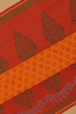 Image of Orangish red  hand block printed south cotton saree.
