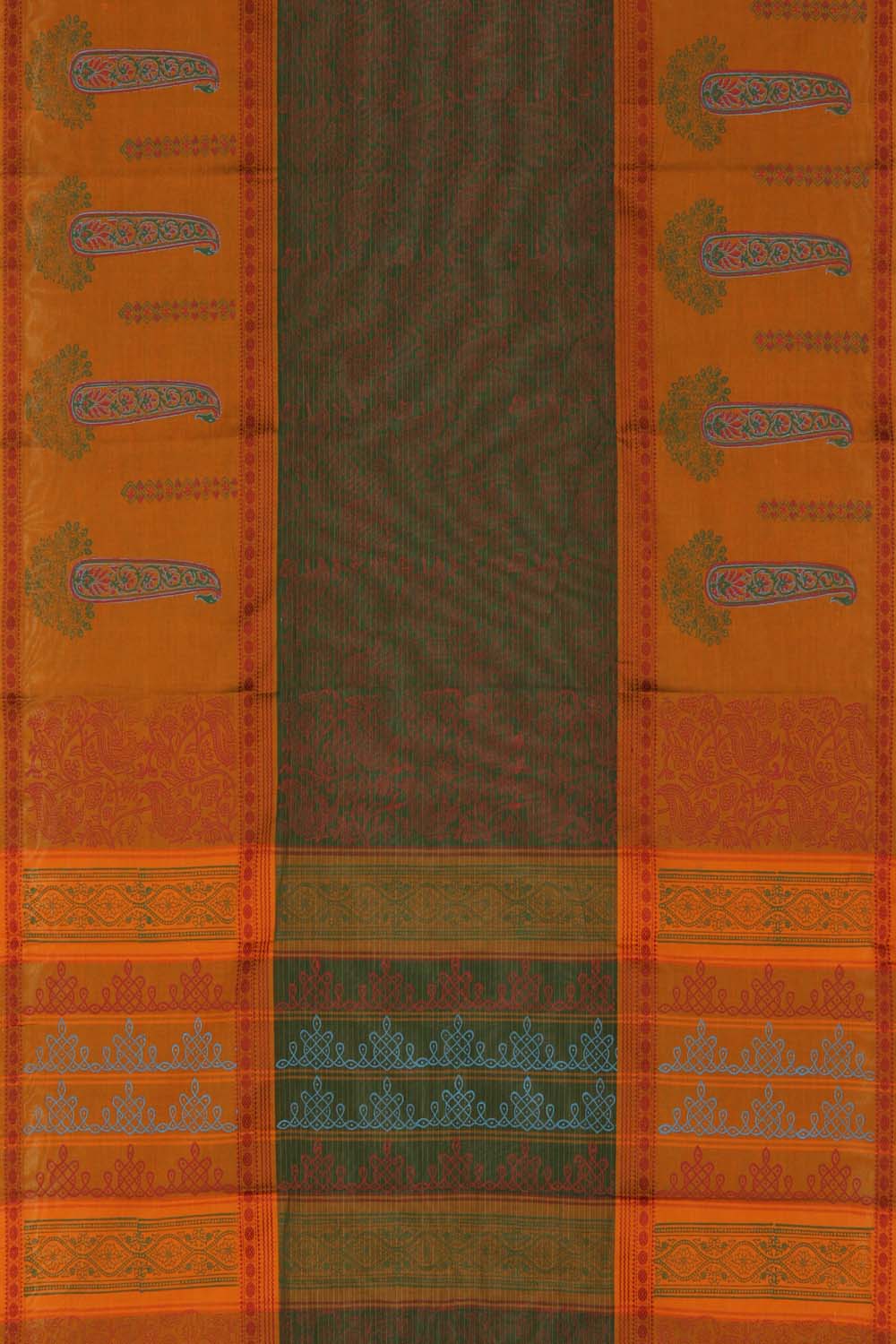 Olive green hand block printed south cotton saree.