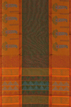 Image of Olive green hand block printed south cotton saree.