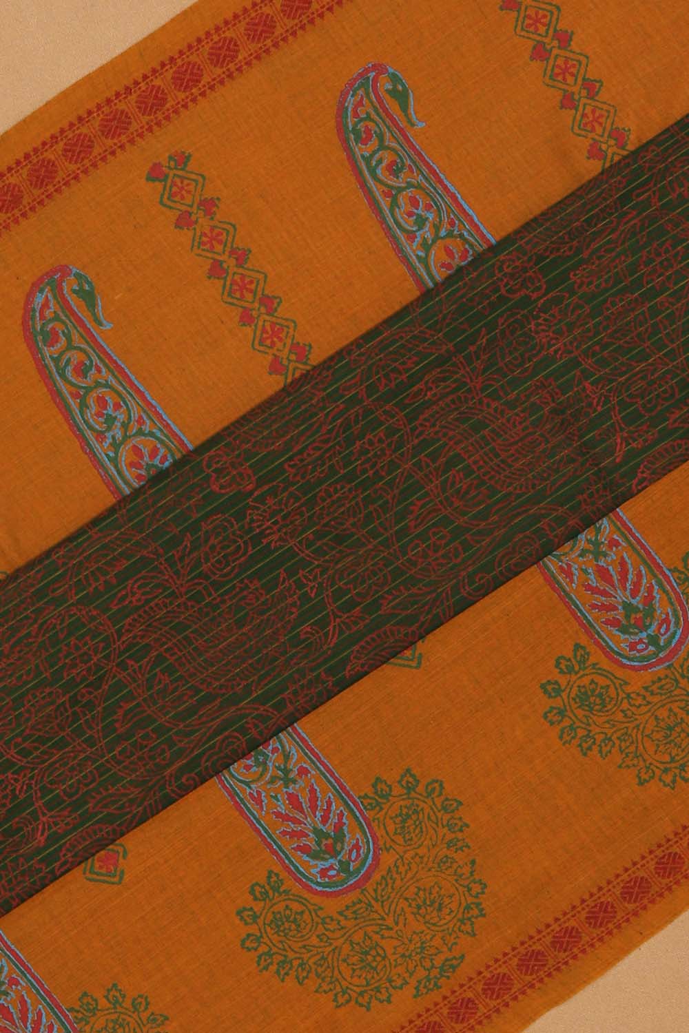 Image of Olive Green Hand Block Printed South Cotton Saree