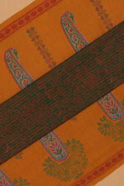 Image of Olive green hand block printed south cotton saree.