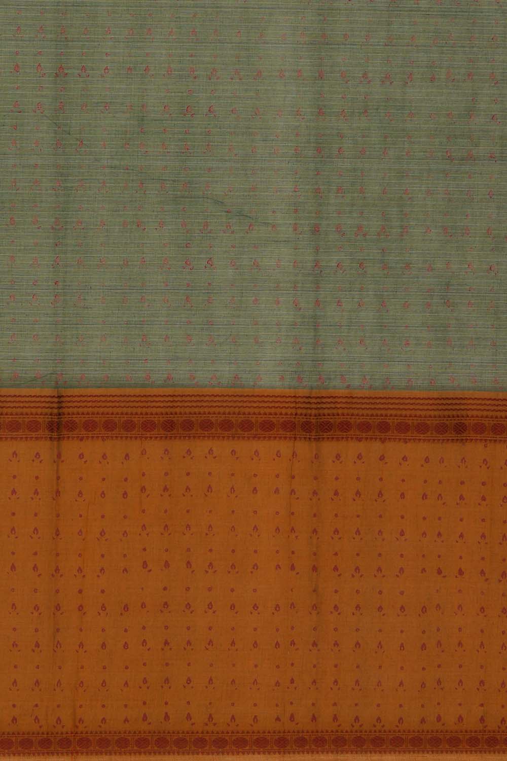 Image of Olive Green Hand Block Printed South Cotton Saree