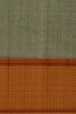 Image of Olive green hand block printed south cotton saree.