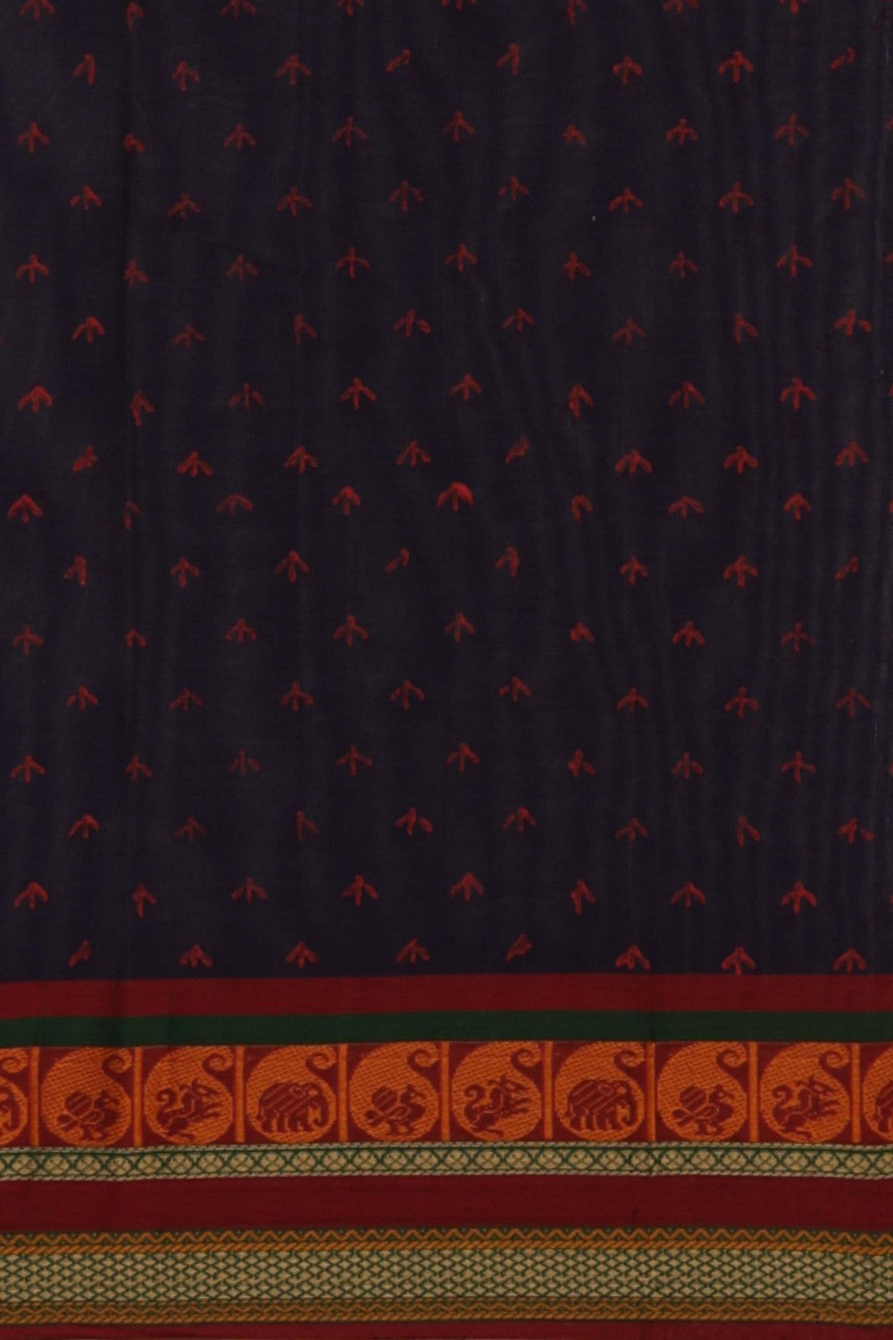 Navy blue hand block printed cotton saree.