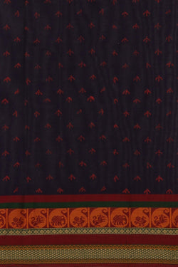 Image of Navy blue hand block printed cotton saree.
