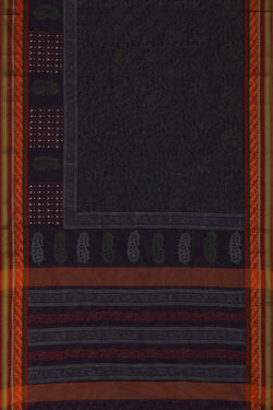 Image of Navy blue hand block printed cotton saree.