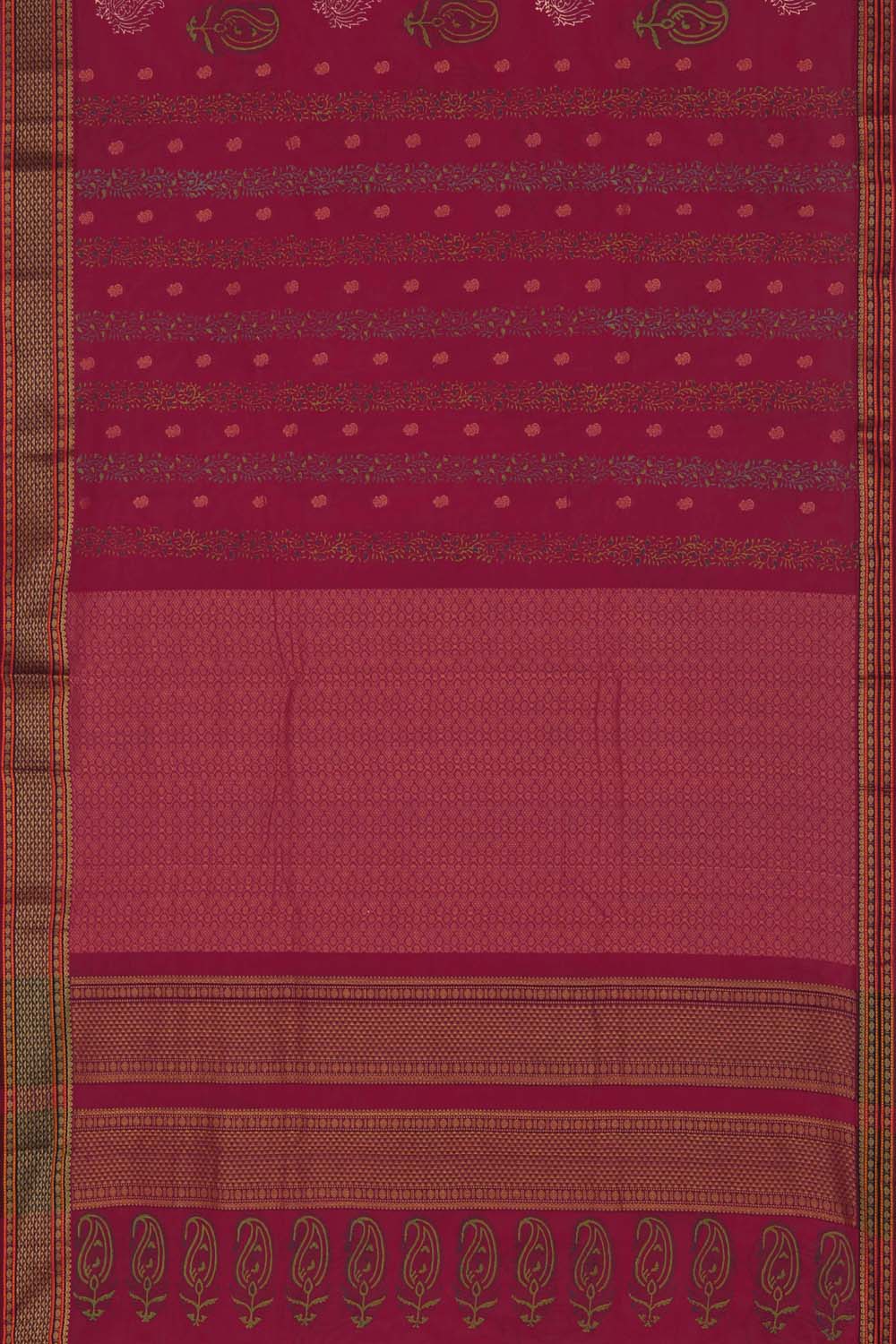 Raspberry pink hand block printed south cotton saree.
