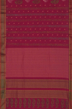 Image of Raspberry pink hand block printed south cotton saree.