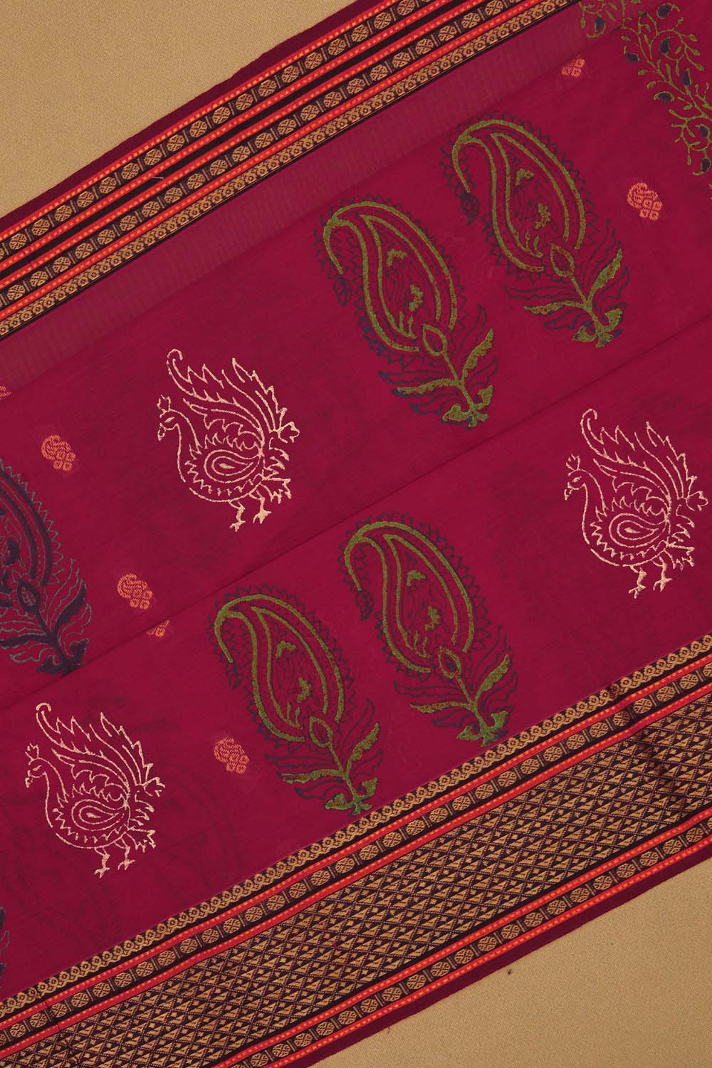 Image of Raspberry Pink Hand Block Printed South Cotton Saree