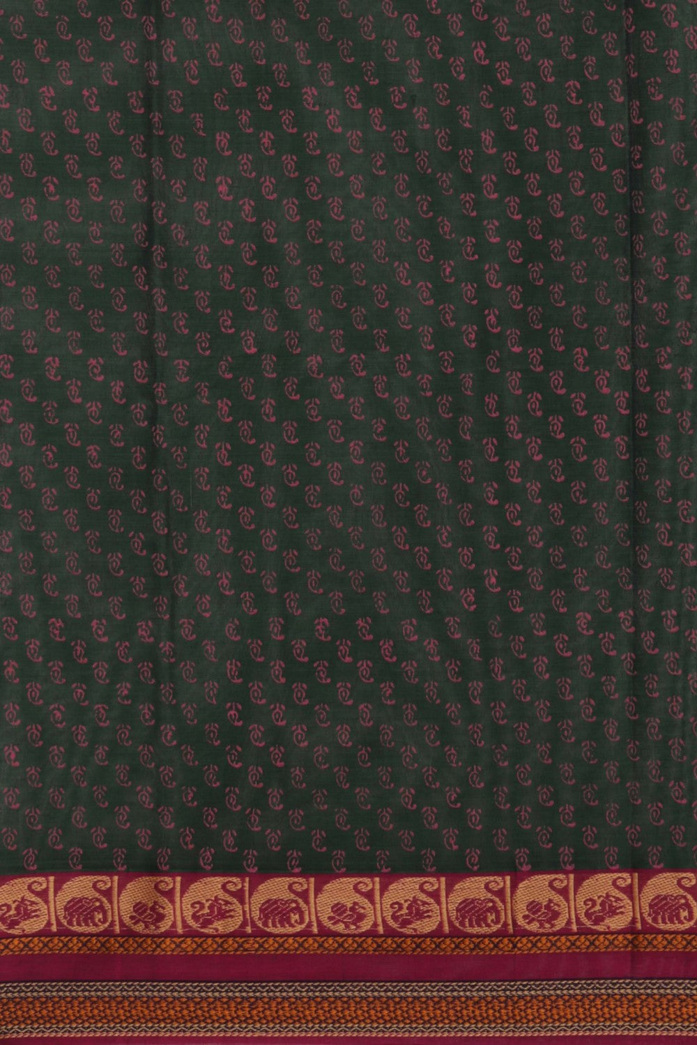 Forest green hand block printed south cotton saree.