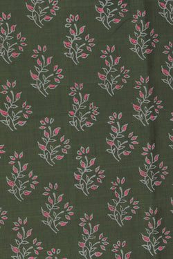 Image of Forest green hand block printed south cotton saree.