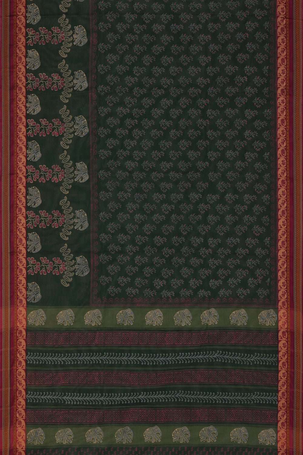 Forest green hand block printed south cotton saree.