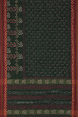 Image of Forest green hand block printed south cotton saree.