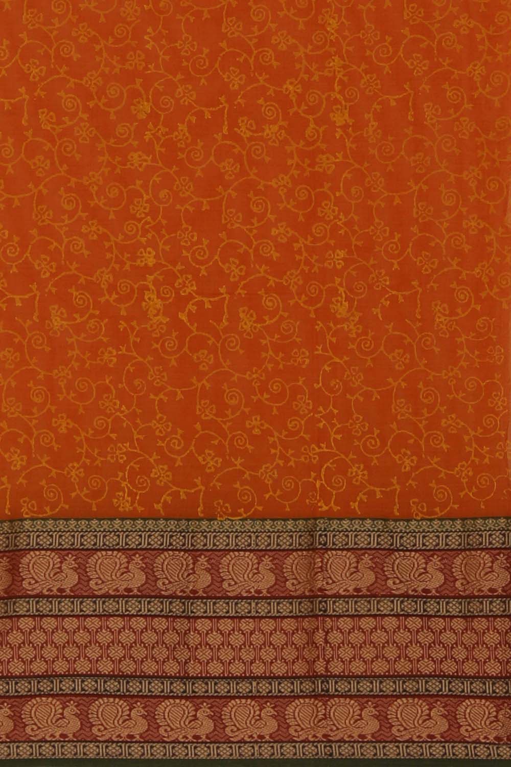 Orange block printed south cotton saree