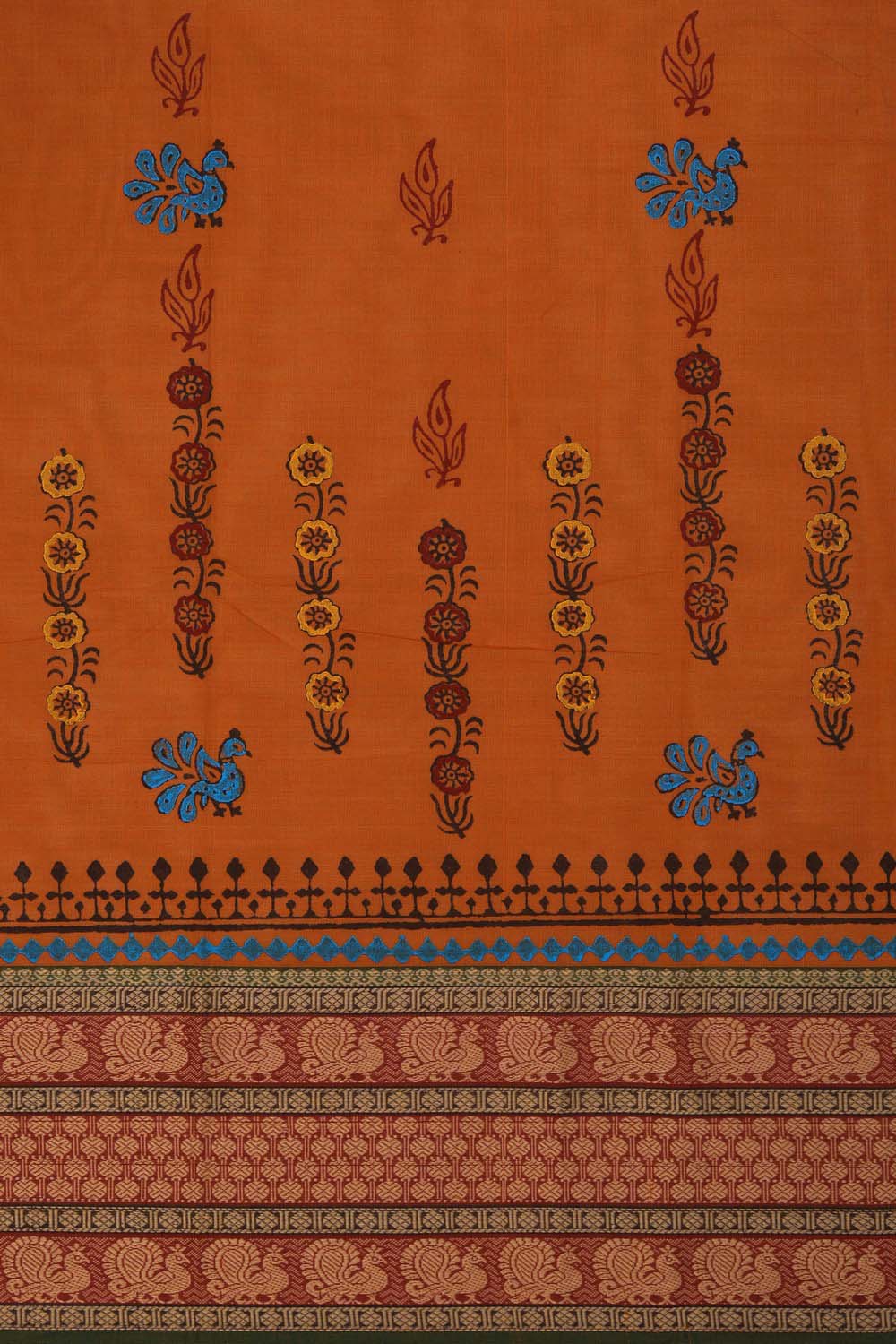 Orange block printed south cotton saree