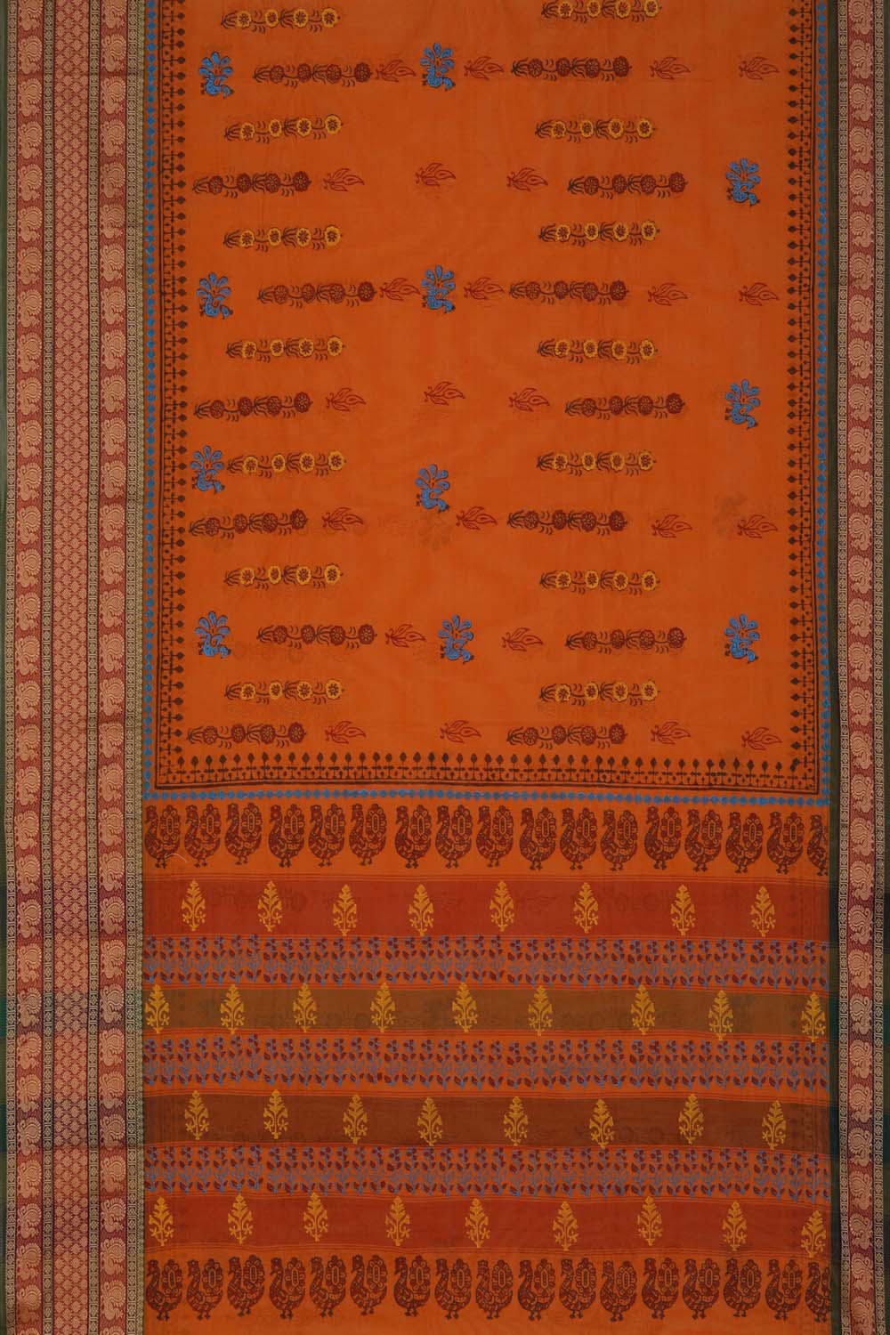 Orange block printed south cotton saree