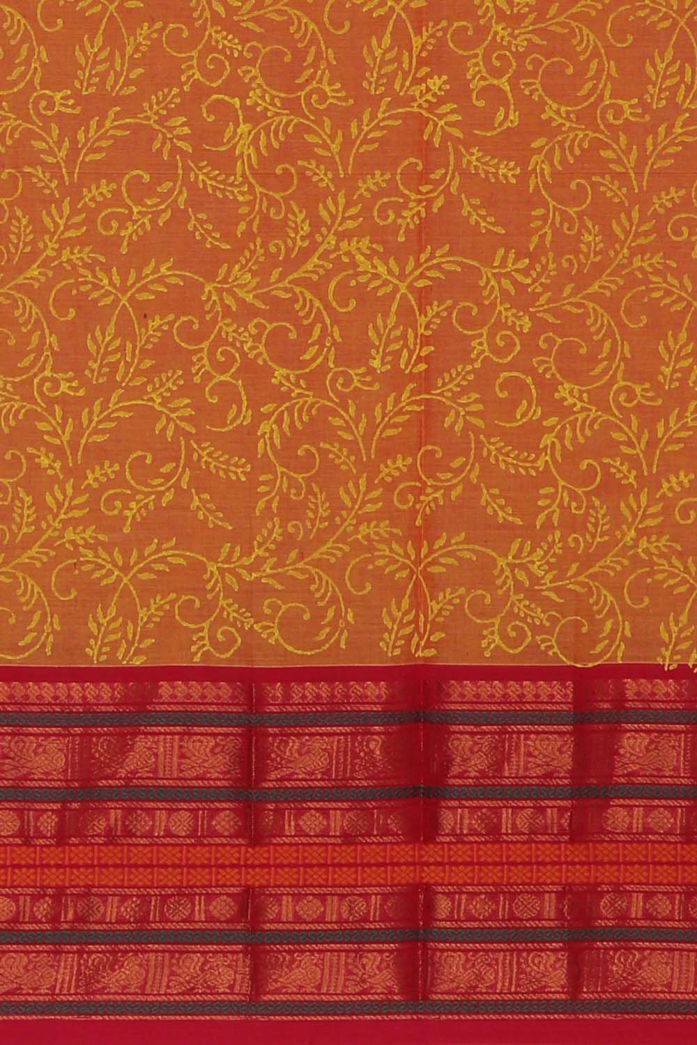 Mustard yellow block printed south cotton saree