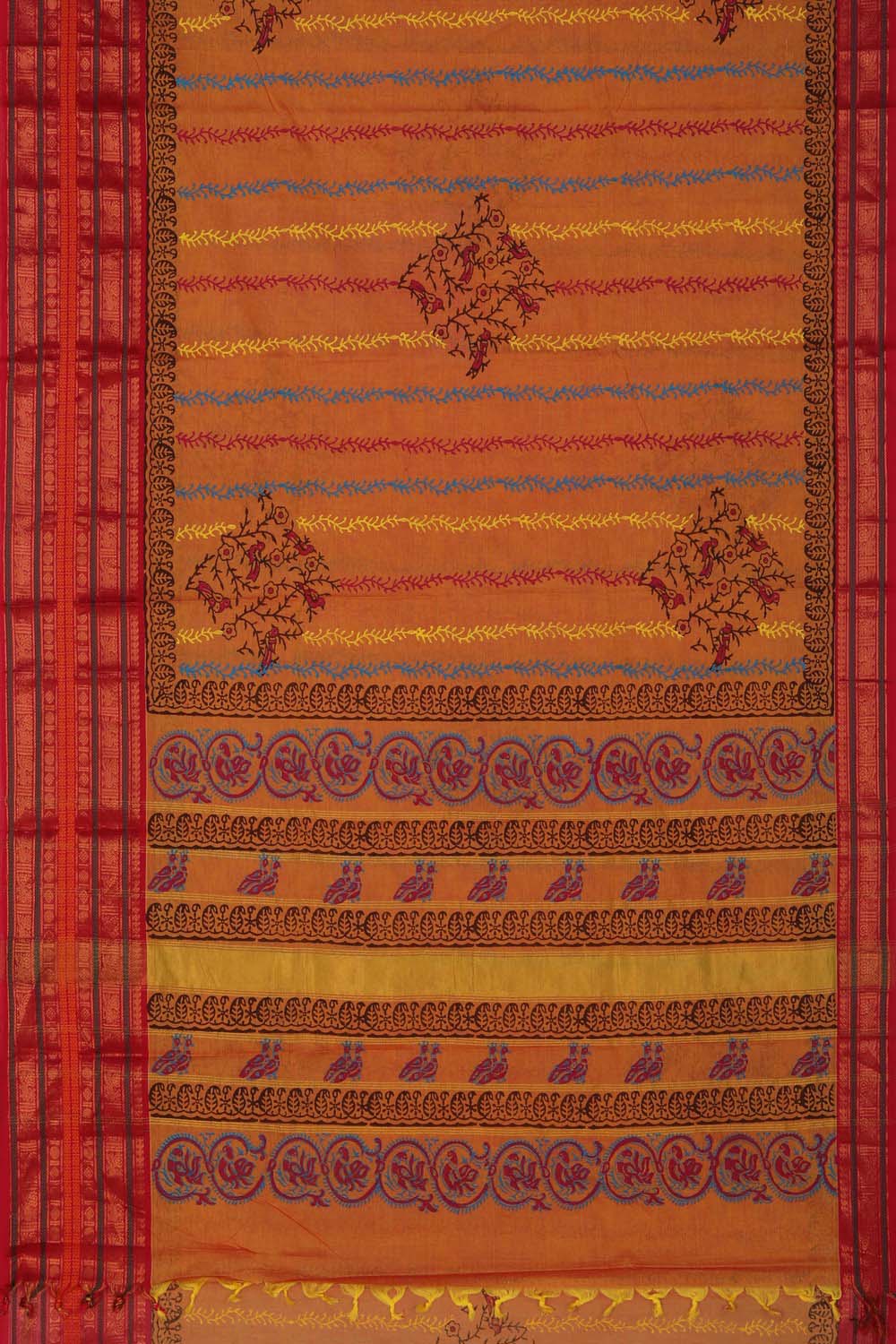 Mustard yellow block printed south cotton saree