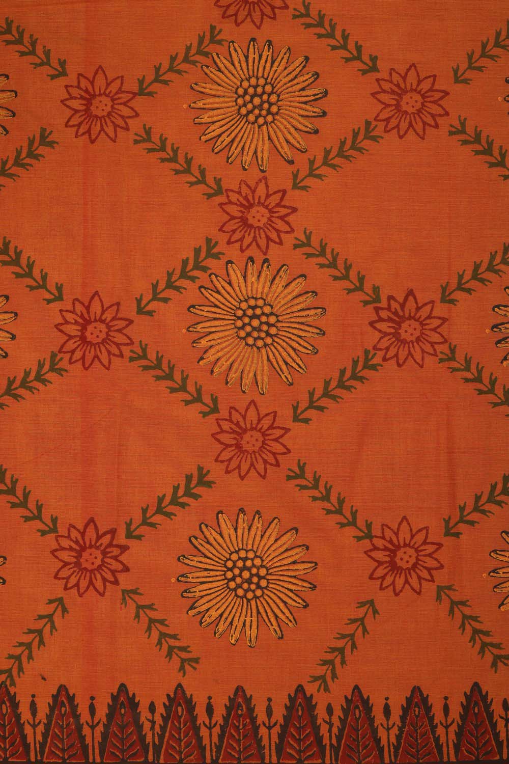 Image of Orange round floral buta hand block printed south cotton saree