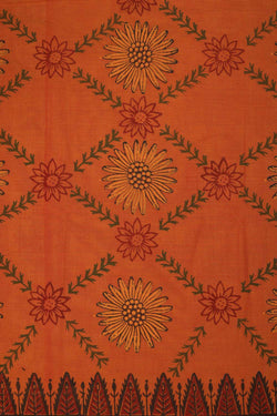 Image of Orange round floral buta hand block printed south cotton saree