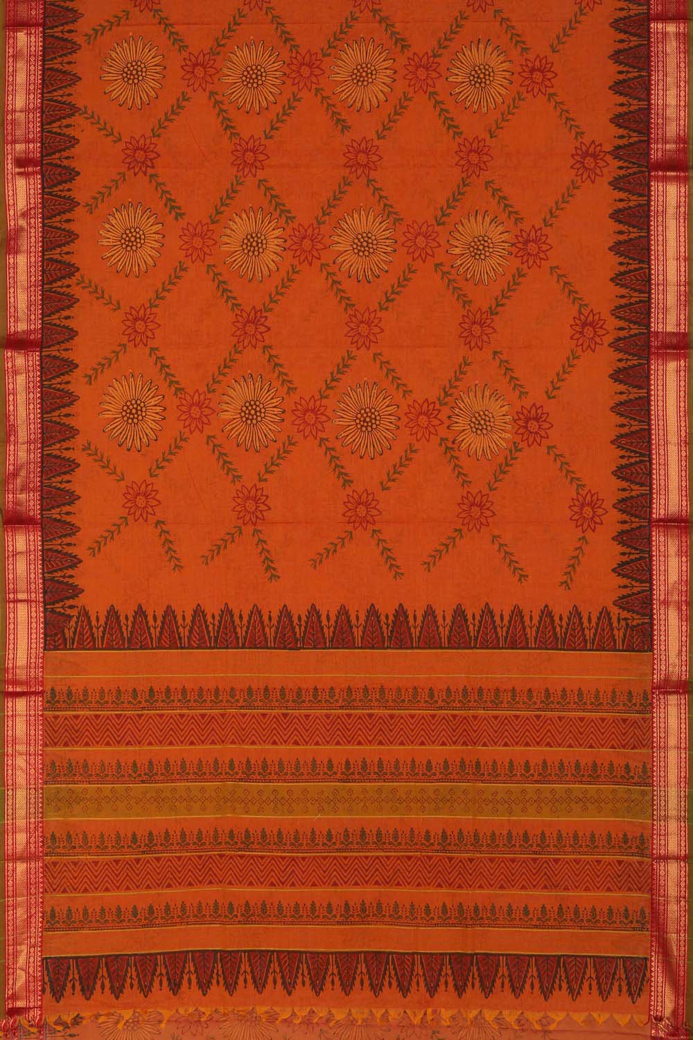 Image of Orange round floral buta hand block printed south cotton saree