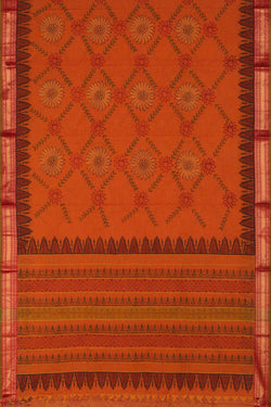 Image of Orange round floral buta hand block printed south cotton saree