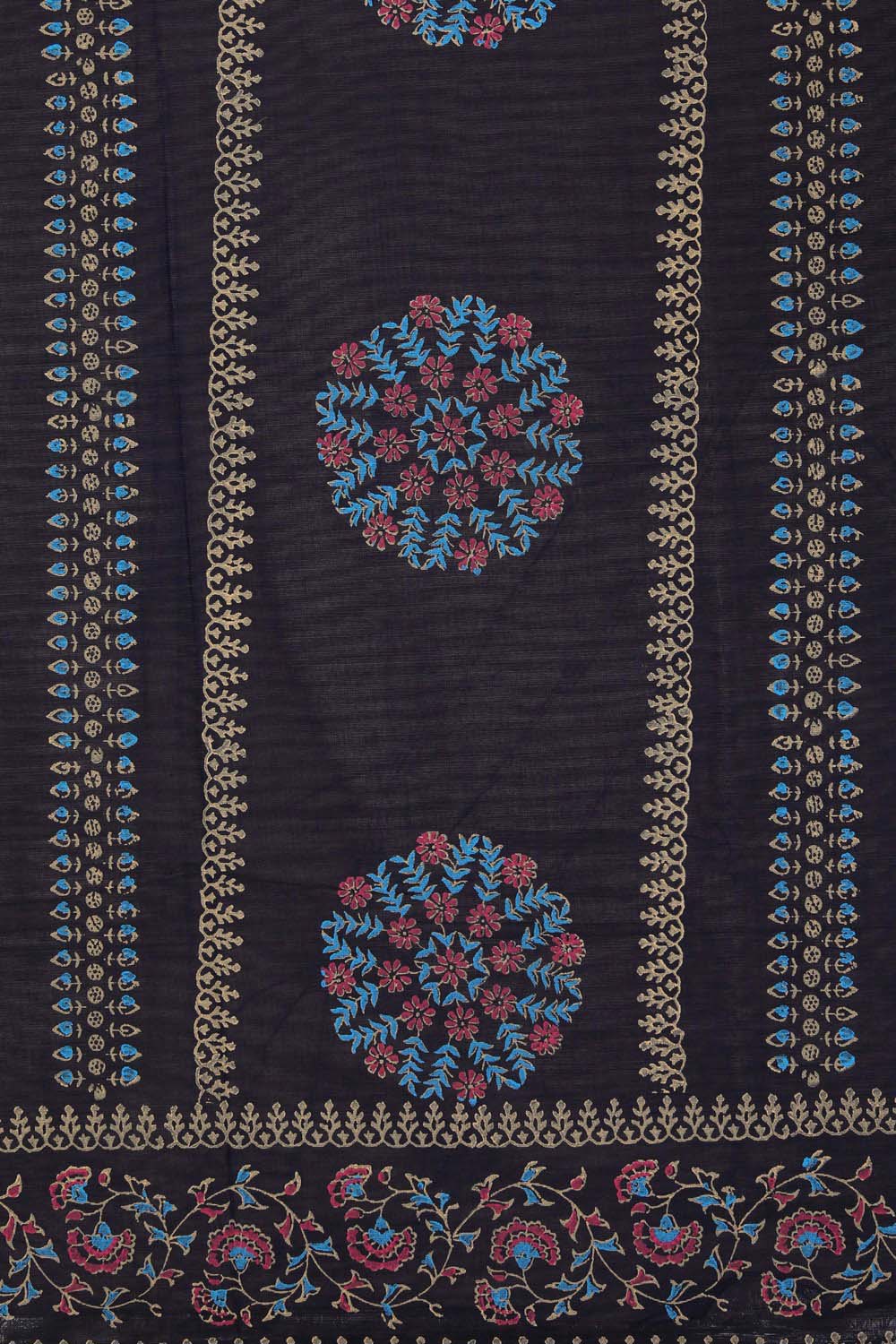 Image of Navy blue floral hand block printed south cotton saree