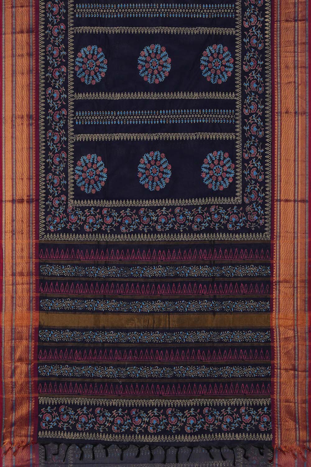 Image of Navy blue floral hand block printed south cotton saree