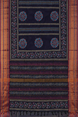 Image of Navy blue floral hand block printed south cotton saree