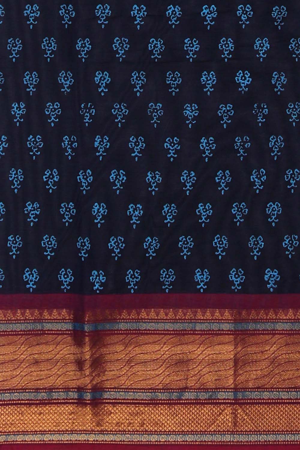Image of Navy blue floral hand block printed south cotton saree