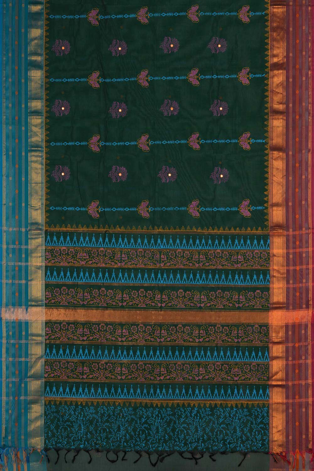 Image of Teal green butterfly hand block printed south cotton saree