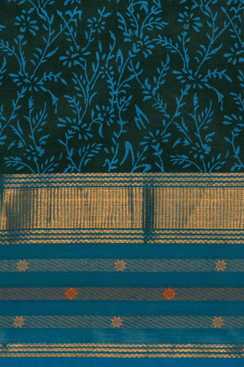 Image of Teal green butterfly hand block printed south cotton saree