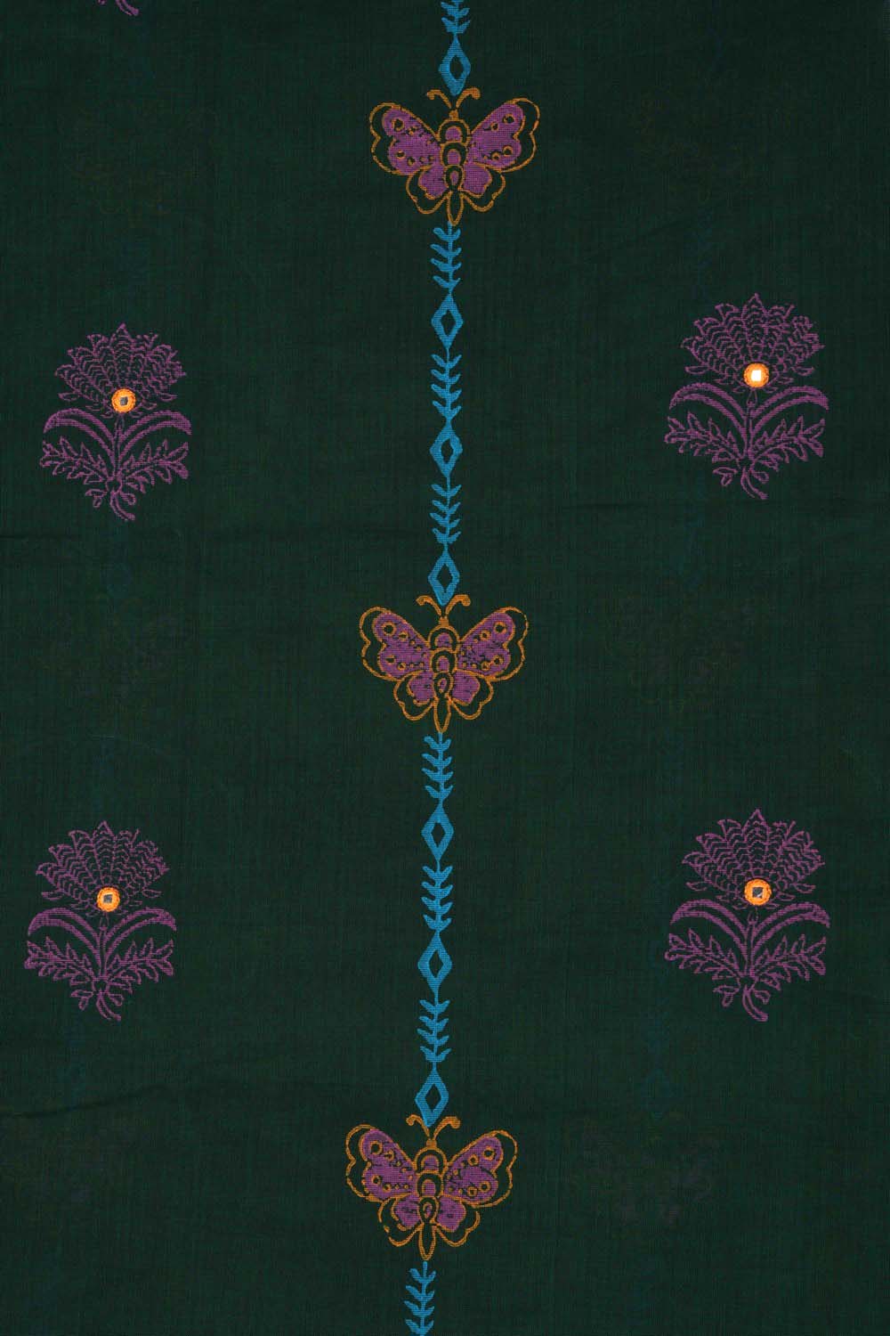 Image of Teal green butterfly hand block printed south cotton saree