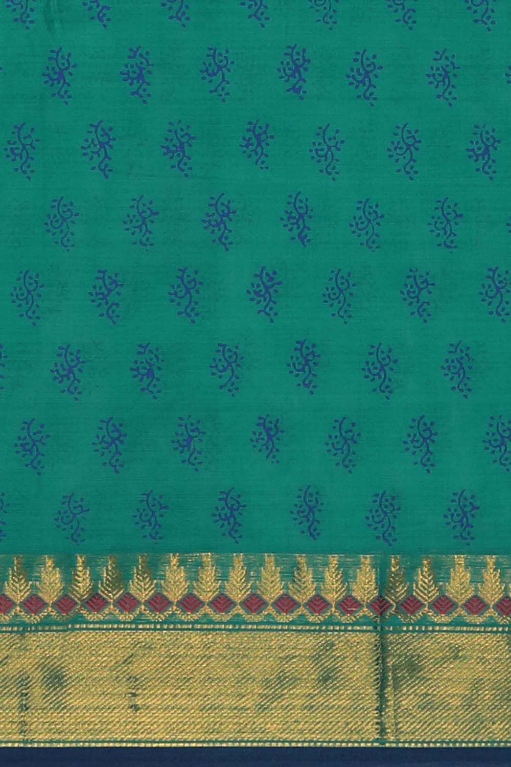 Image of Ocean blue floral buta hand block printed south cotton saree