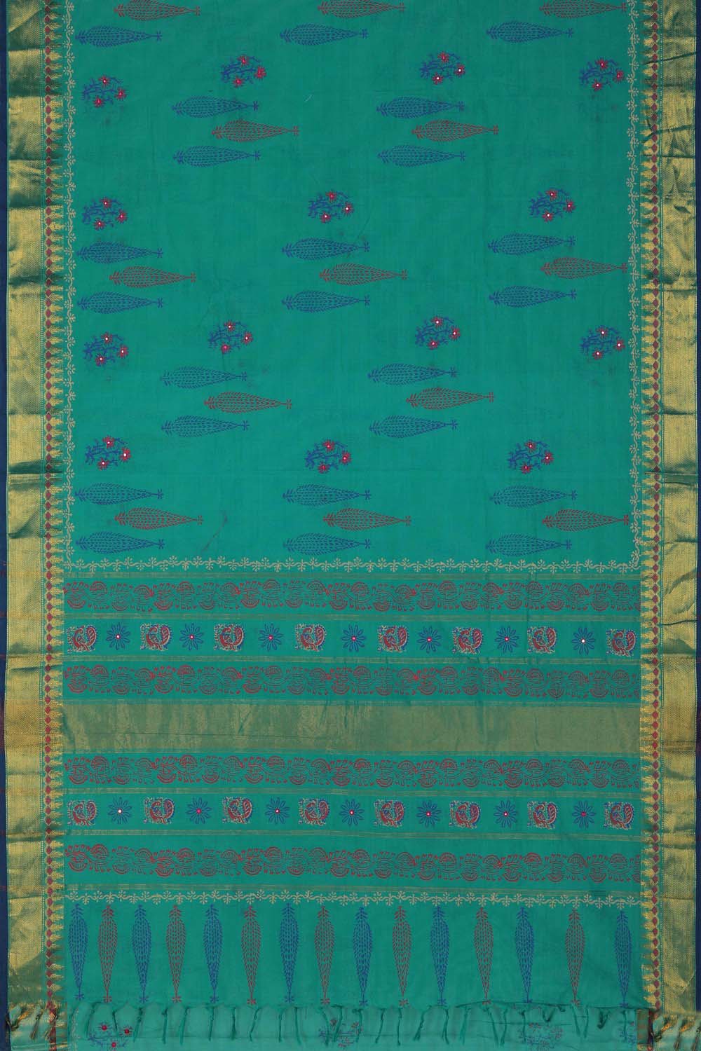 Image of Ocean blue floral buta hand block printed south cotton saree