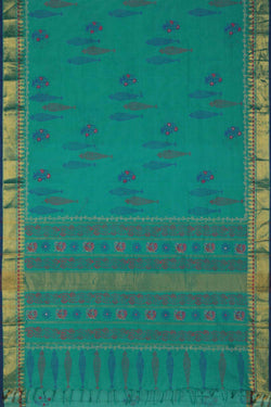 Image of Ocean blue floral buta hand block printed south cotton saree
