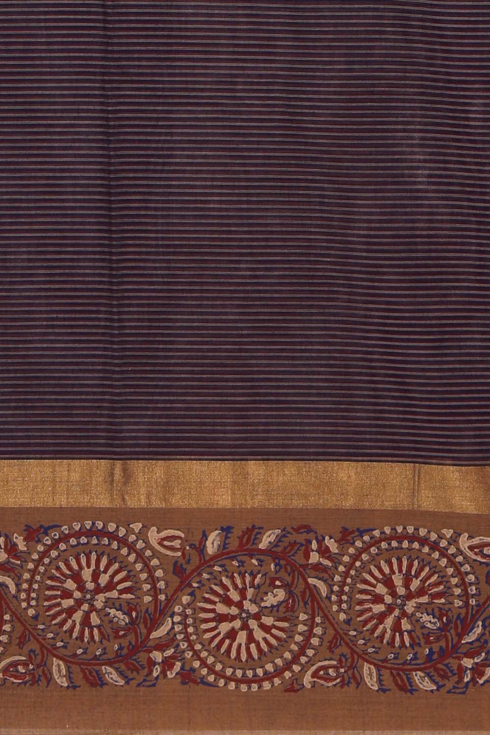 Image of Dark blue single floral block printed south cotton saree